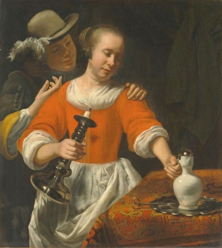 A Young Woman And A Cavalier by Cornelis Bisschop